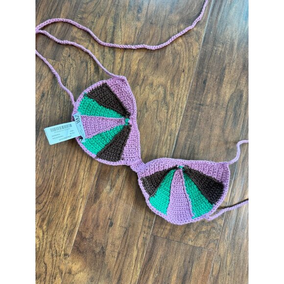 Crochet Bikini shirt Top With Tri-Color Design Purple Green & Brown Zara Sz Sm - Picture 2 of 6